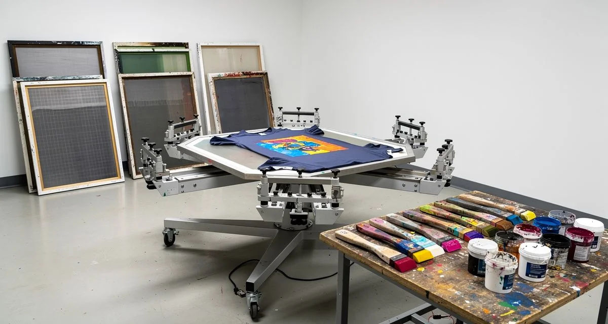 Screen printing carousel press with printed t-shirt and squeegees on the bench