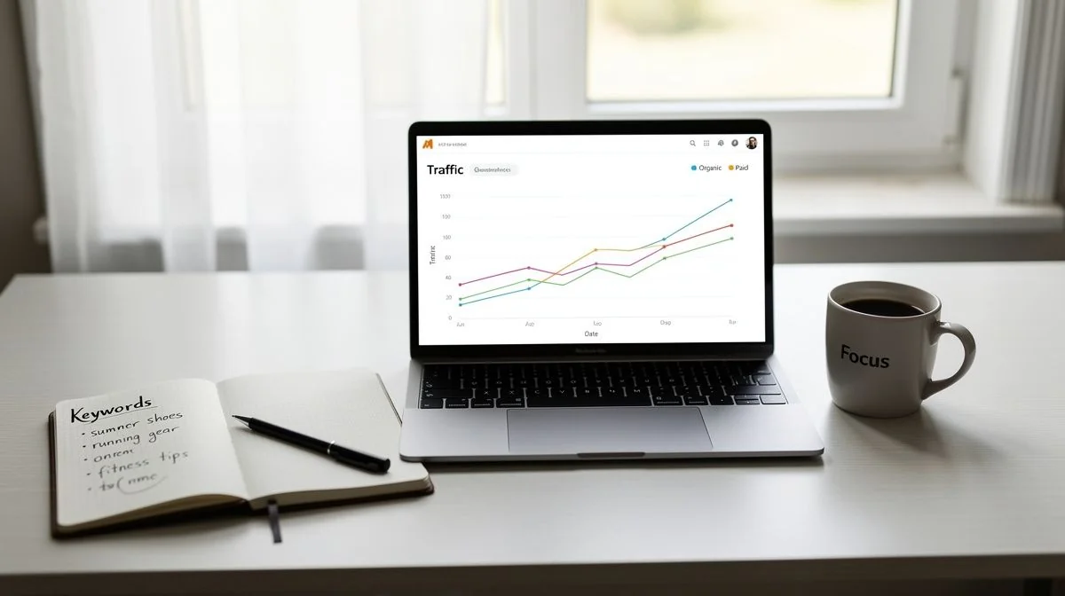 Workspace with a laptop showing analytics charts, a notebook of keyword lists and a cup of coffee on a desk