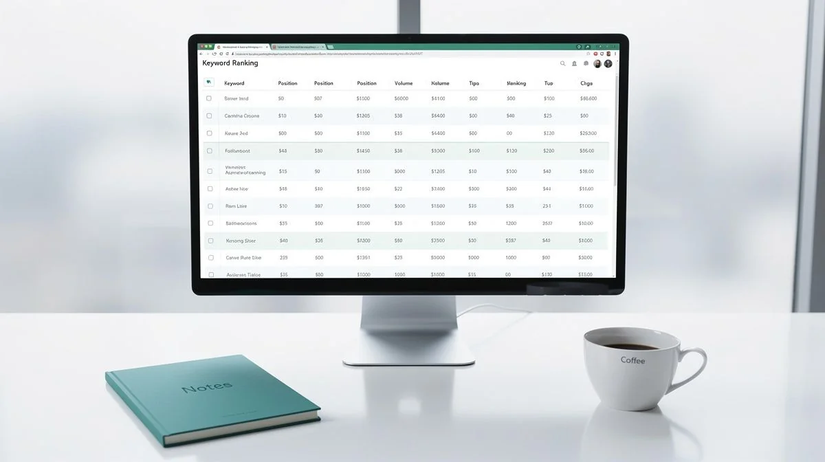 Office monitor displaying a keyword ranking table beside a coffee cup and a closed notebook on a desk