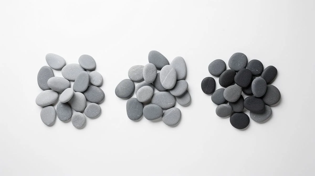 Three separate groups of smooth grey pebbles in different shades on a white surface