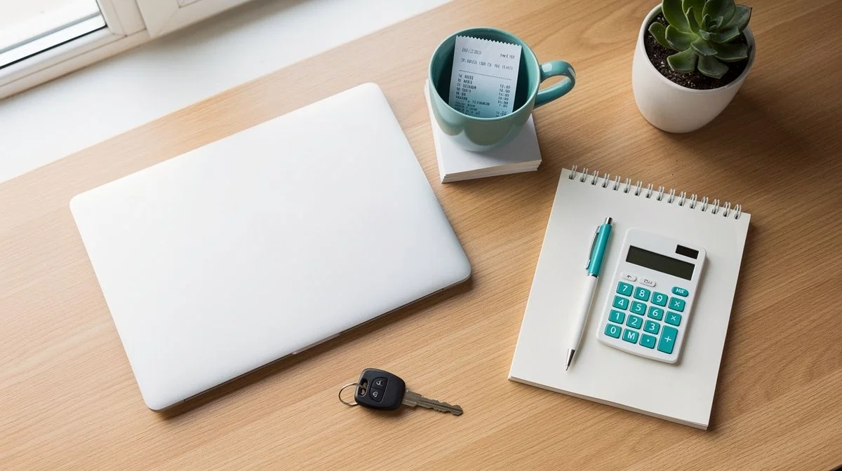 A home desk with receipts, a calculator and a notebook in afternoon light