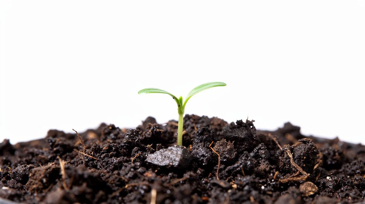 a single young seedling growing in dark soil in the centre of a bright white frame