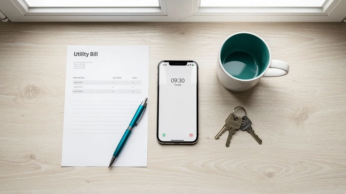 Smartphone, paper bill and pen on a wooden kitchen table in daylight