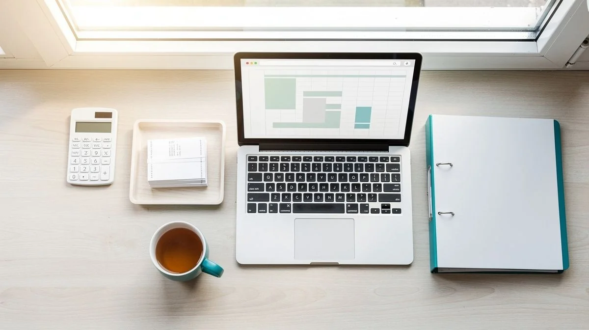 Small business desk with laptop, receipt tray, calculator and binder in morning light