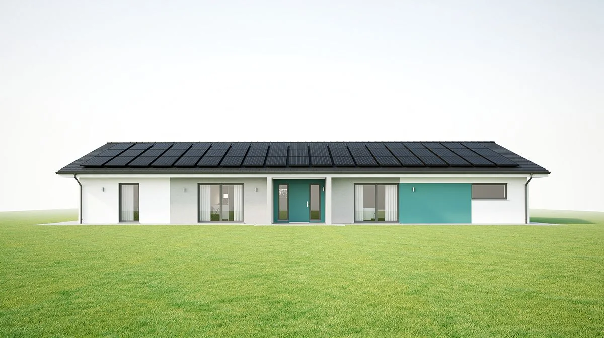 Solar panels running across the north-facing roof of a single-storey home above a wide flat lawn