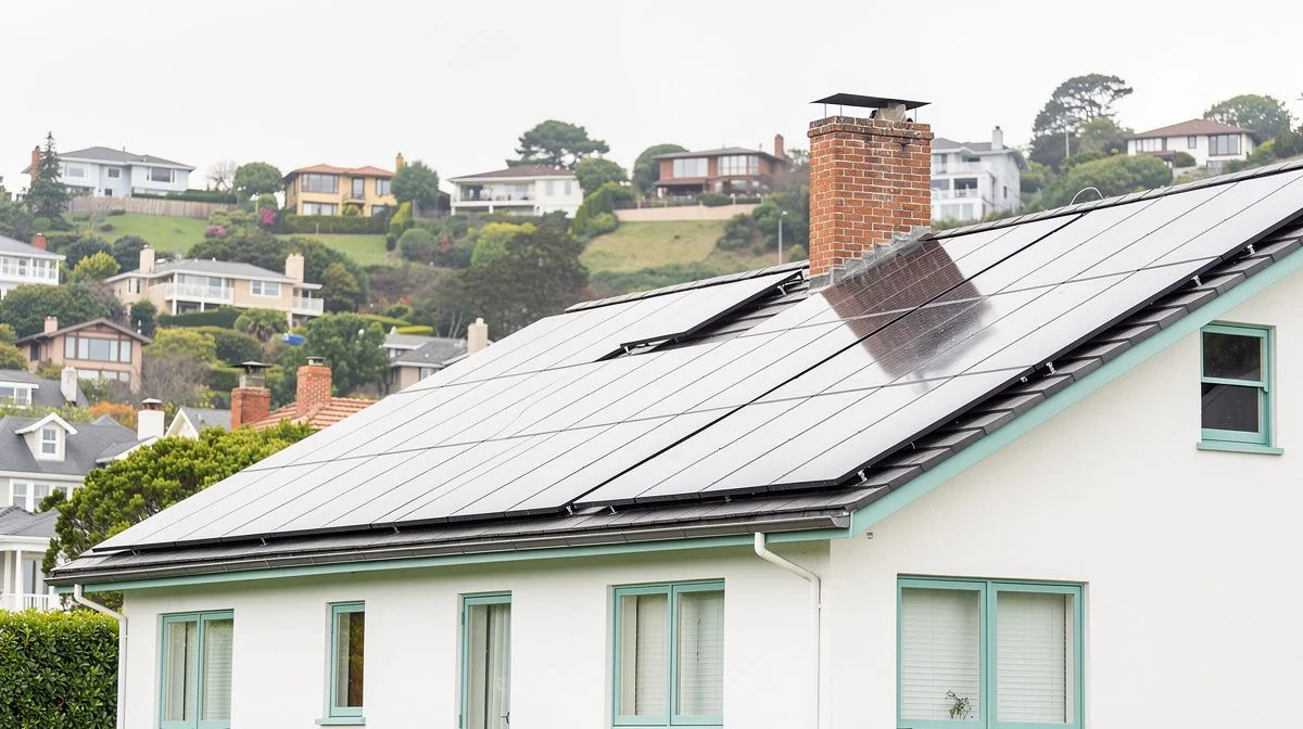 Solar panels fixed to the steep roof of an older villa with a brick chimney and a hillside suburb rising behind