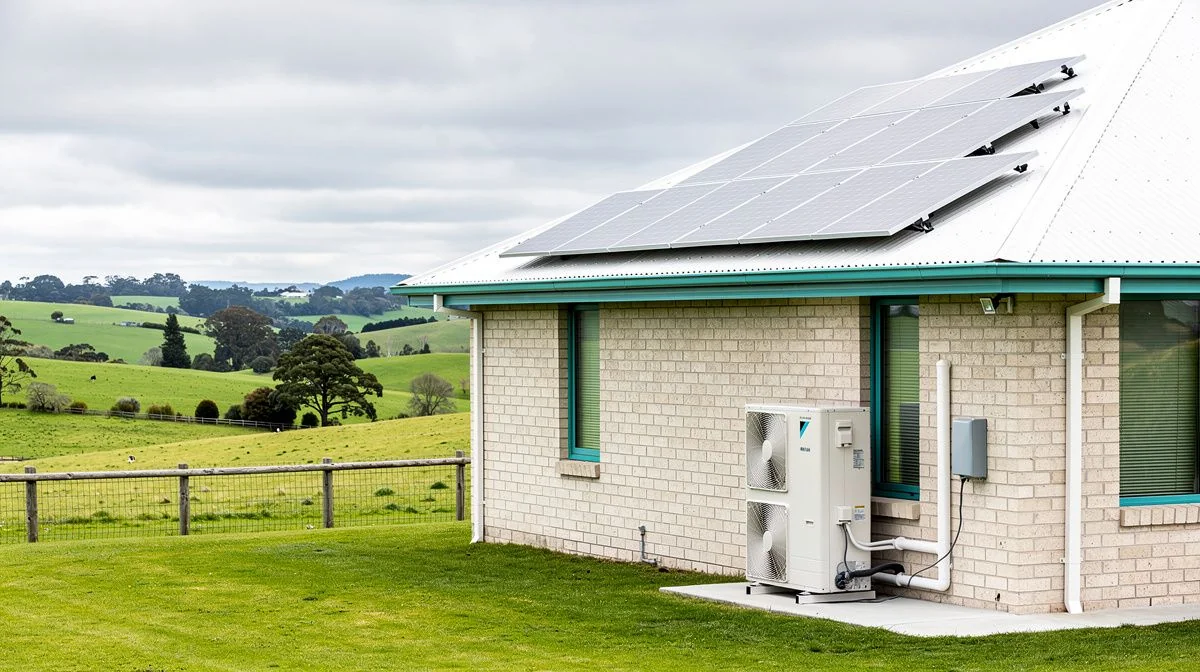 A solar array on a brick home with a large outdoor heat pump unit and Waikato farmland visible beyond the fence