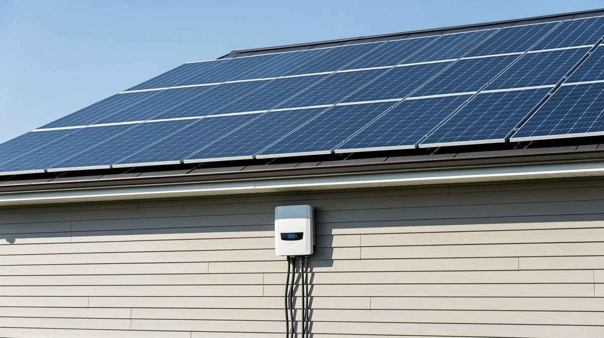 Rows of solar panels mounted on a pitched roof with an inverter mounted on the wall below