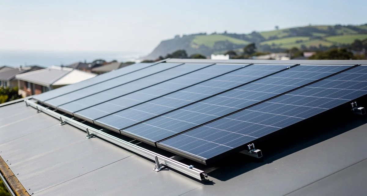 Solar panels on a low-pitched roof with coastal hills in the background