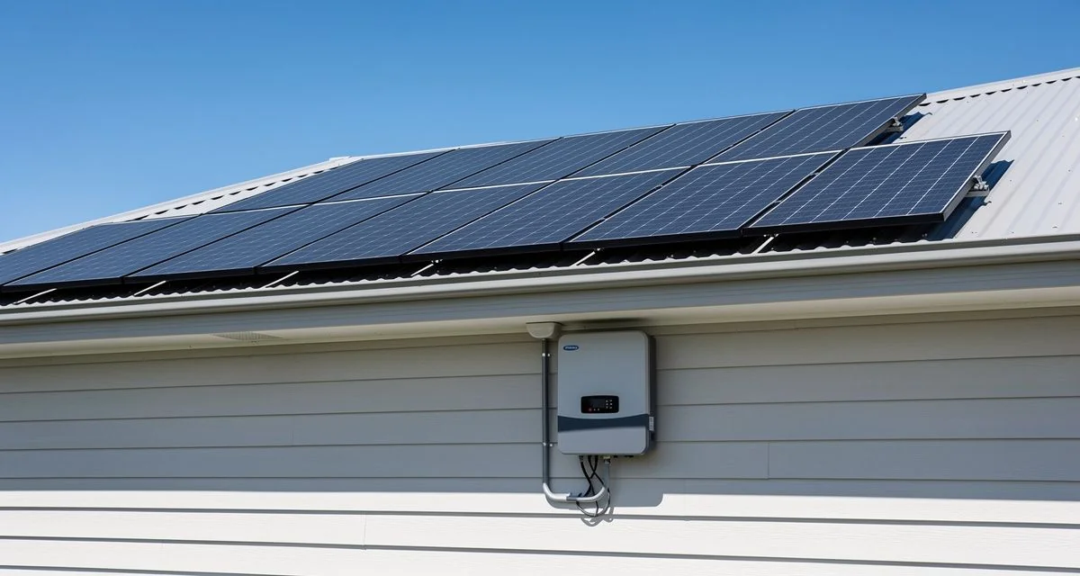 Rooftop solar array with an inverter mounted on the wall below