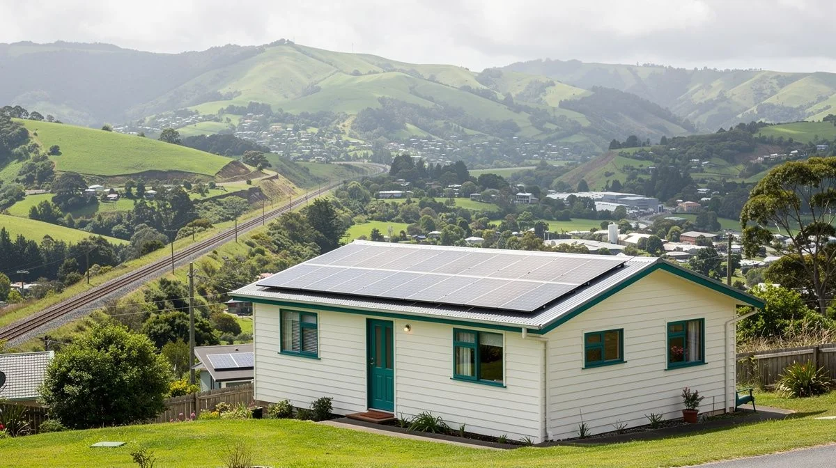 Solar panels on a weatherboard home above the Hutt Valley with a railway line and green hills in the distance