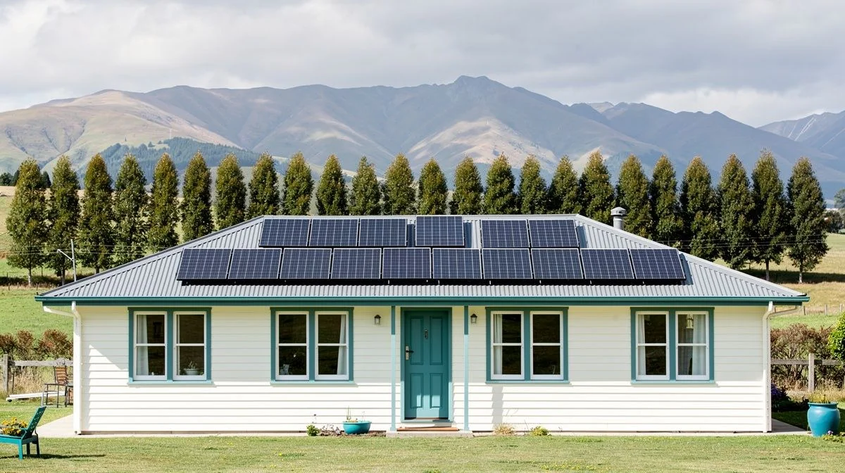 Solar panels on the roof of a weatherboard home with a shelterbelt of trees and the Tararua ranges beyond