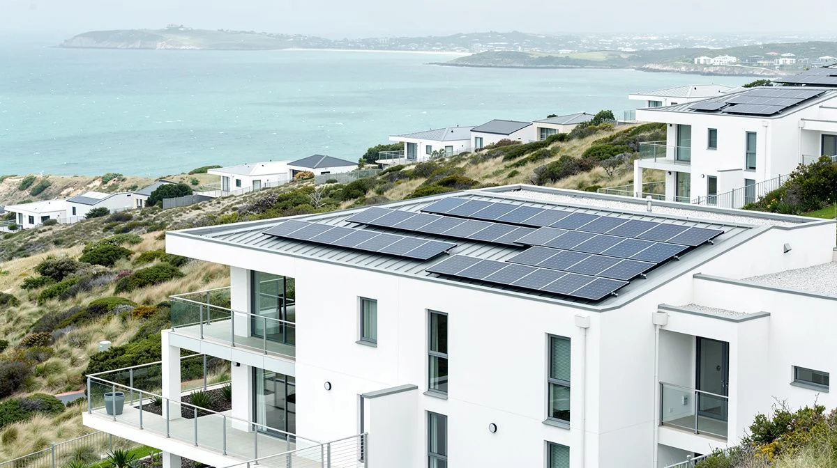 Solar panels on a modern townhouse roof with a windswept hillside subdivision and harbour in the background