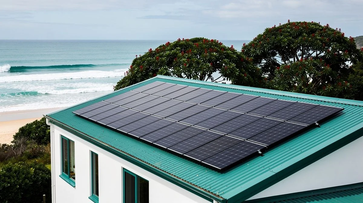 Solar panels mounted on a low-pitched coastal home roof with a surf beach and pohutukawa trees in the background