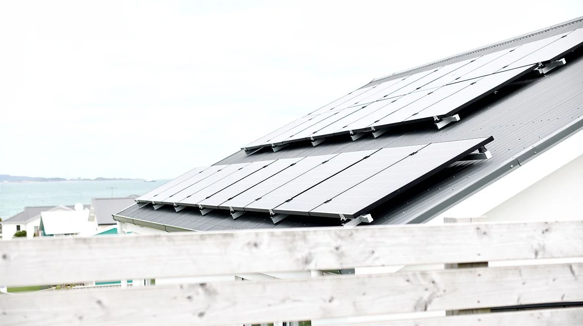 Solar panels braced on a steeply pitched roof above a windy harbour suburb with a timber windbreak in the foreground