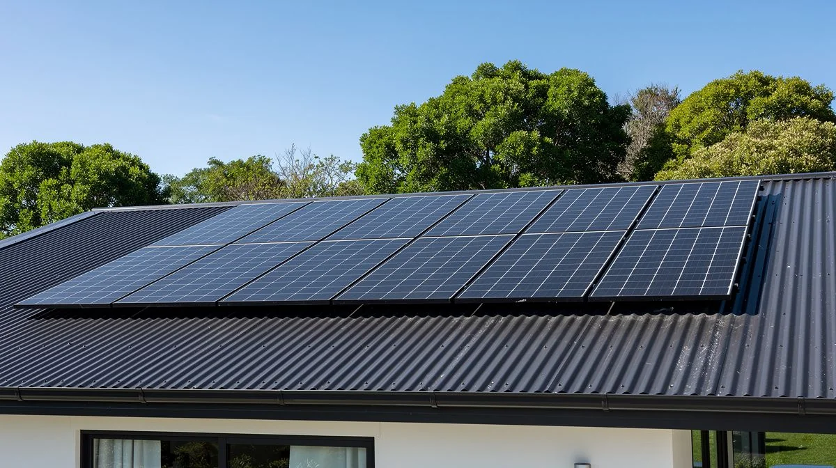 Modern black solar panels installed on a New Zealand home