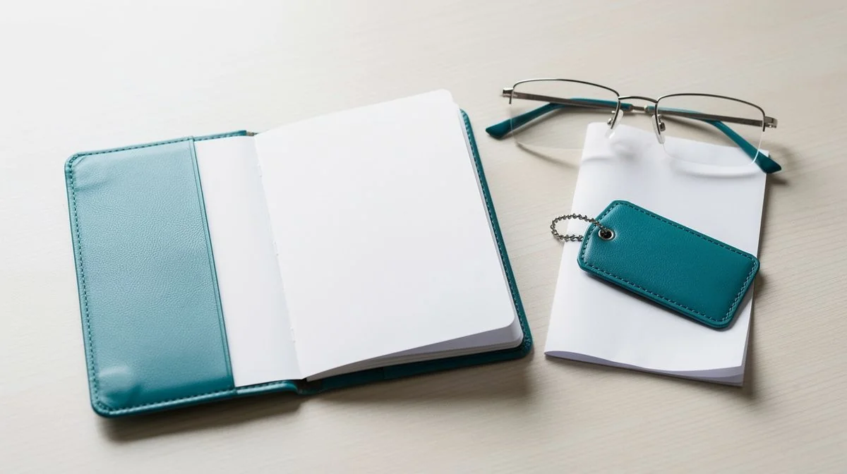 Passport, itinerary and luggage tag laid out on a wooden desk