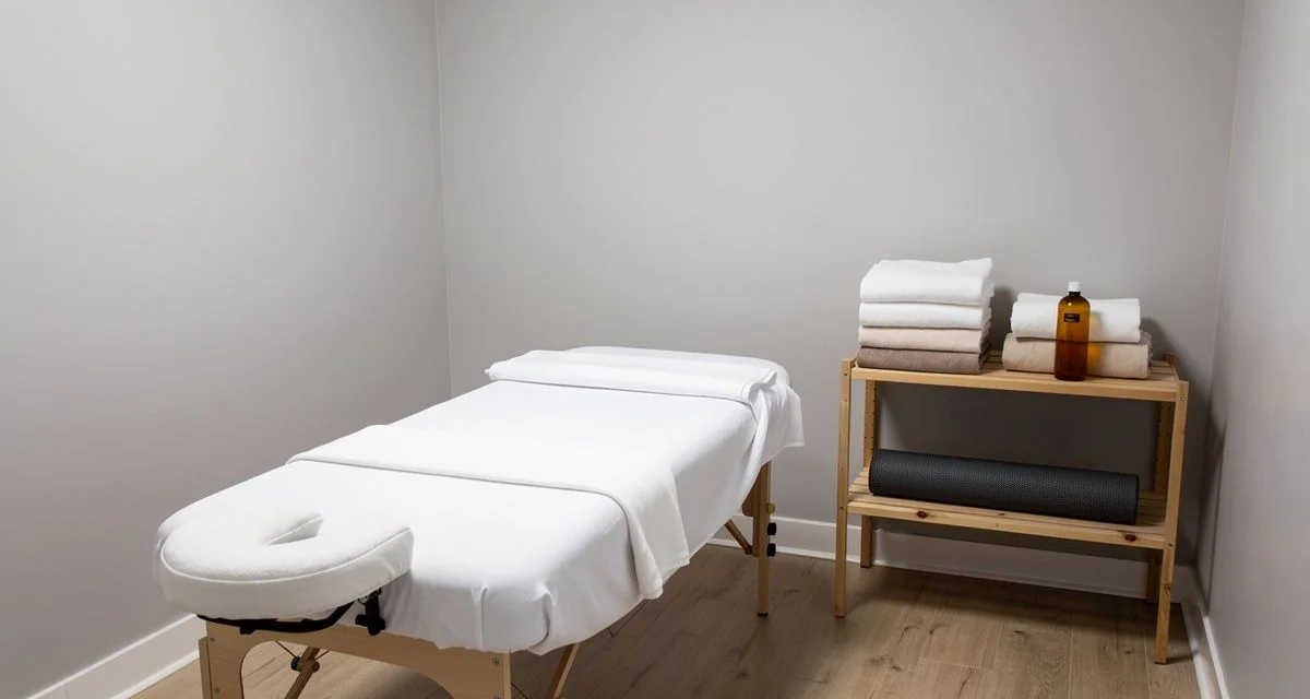 Massage treatment table with folded towels and a foam roller on a clinic shelf