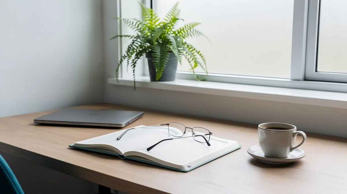 A home office desk with an open notebook, laptop, coffee cup and reading glasses in afternoon light