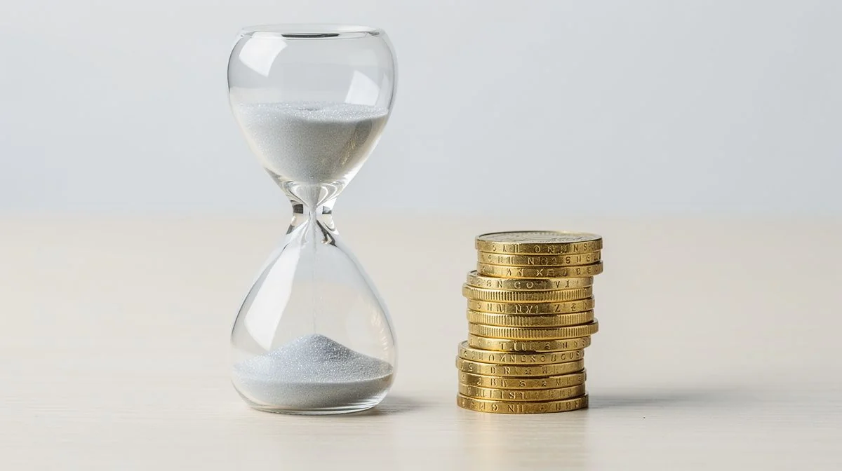 A glass hourglass beside a small stack of coins on a wooden table