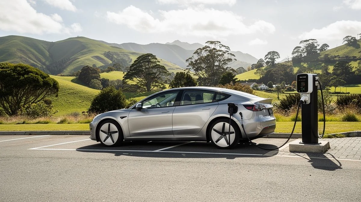 An electric car charging at a DC fast charger station in New Zealand