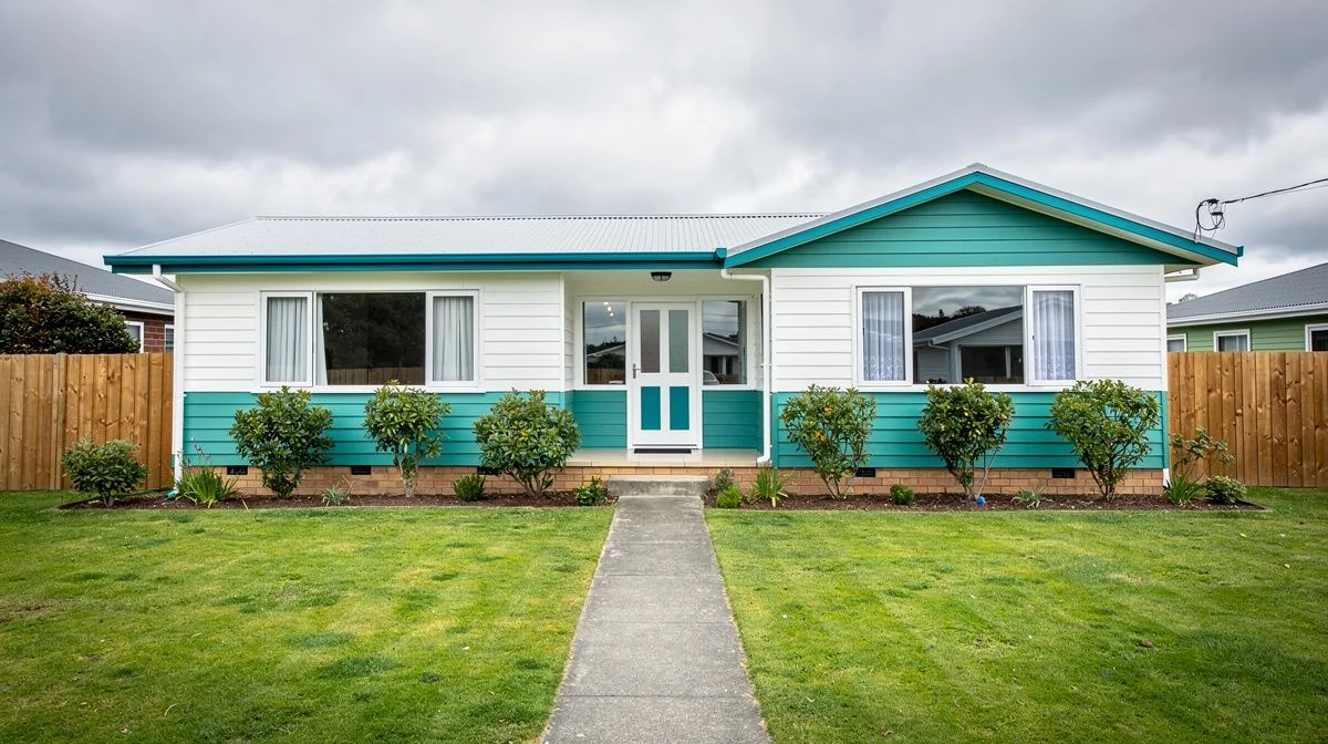 Weatherboard New Zealand home exterior with driveway, fence and overcast sky