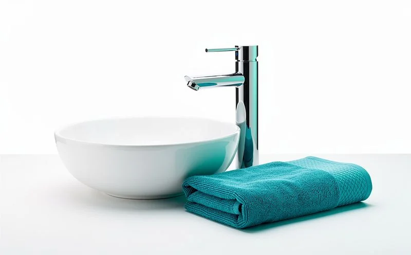 A white ceramic basin beside a chrome mixer tap and a folded teal towel