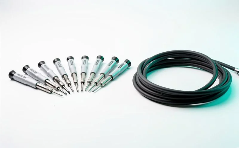 A small precision screwdriver set fanned out beside a coil of black cable