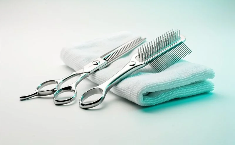Steel grooming scissors and a slicker brush beside a folded pale towel