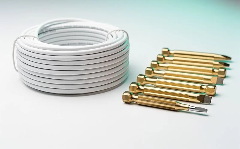 A neat coil of white electrical cable beside a row of brass screwdrivers
