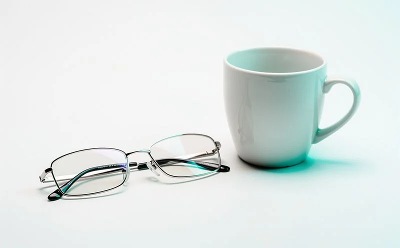 A pair of reading glasses resting beside a white coffee cup on a pale desk