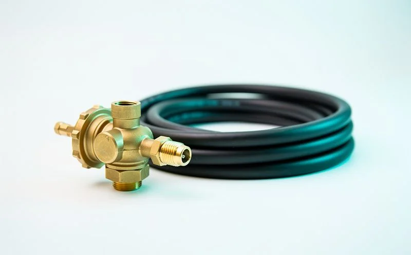 A brass gas regulator valve beside a tightly coiled black hose