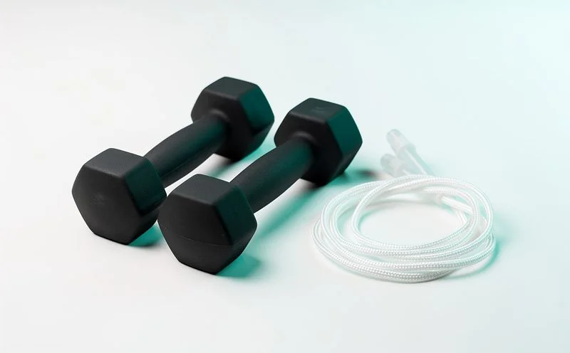 A pair of black rubber dumbbells beside a coiled white skipping rope