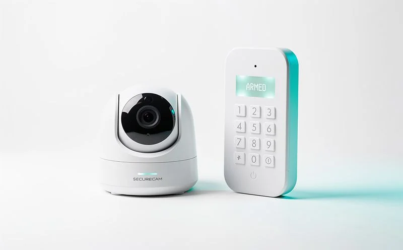 A small white dome security camera beside a slim white keypad