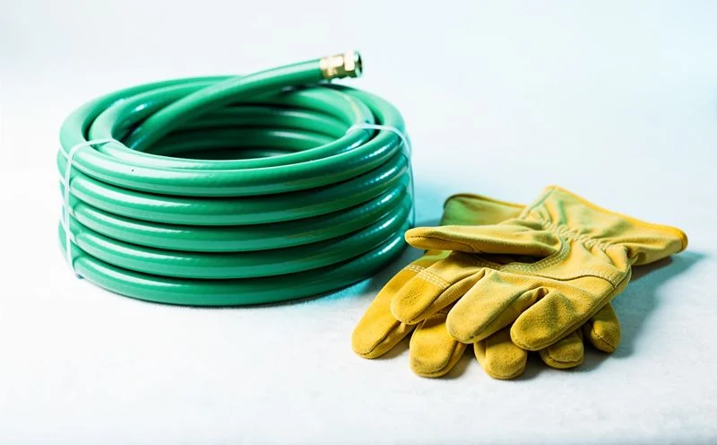 A coiled green garden hose beside a pair of yellow work gloves