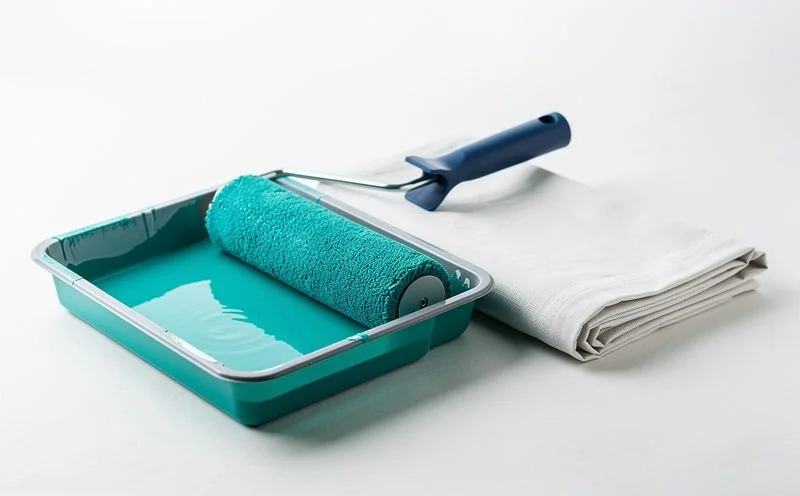 A paint roller resting in a shallow tray of teal paint beside a folded drop cloth