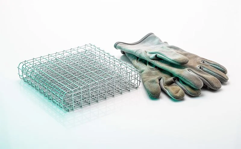 A panel of galvanised wire mesh folded beside a pair of work gloves