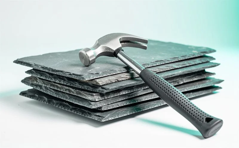 A stack of overlapping slate roof tiles with a claw hammer resting on top