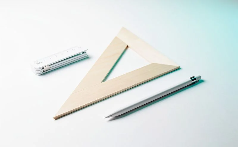 A white stylus resting beside a pale wooden drafting triangle and a folded ruler
