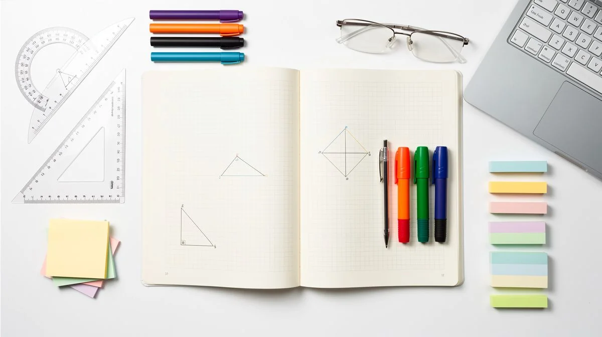 Overhead flat lay of a tutoring desk with an open maths workbook, coloured pens, geometry set and laptop