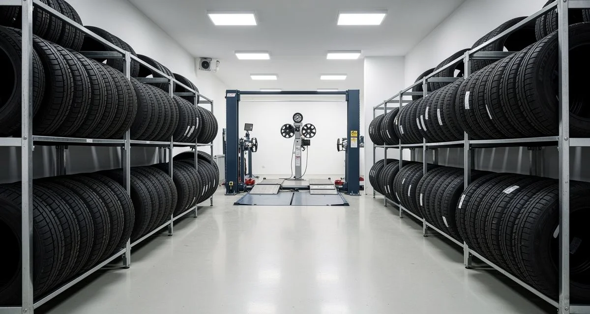 Rows of new tyres on racks in an Auckland tyre retail showroom