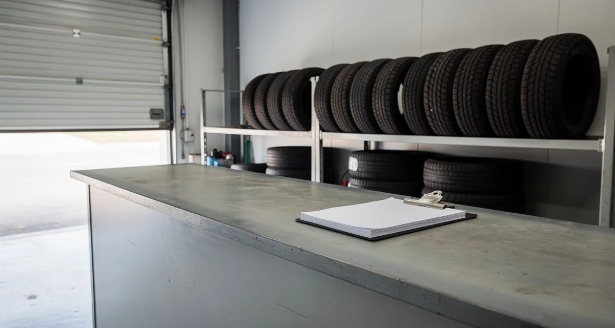 Stacked new tyres beside the counter of a Paraparaumu tyre workshop