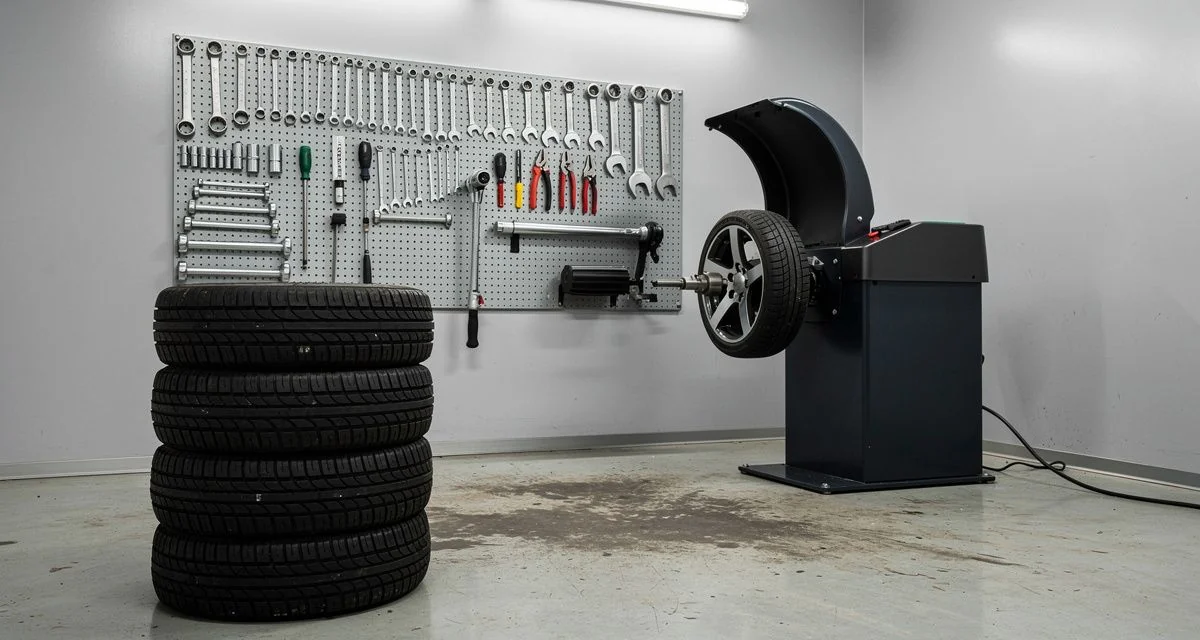 Wheel balancing machine and stacked new tyres in a Rotorua tyre fitting bay