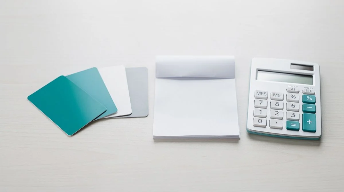 A desk with plastic payment cards, a folded paper statement and a calculator