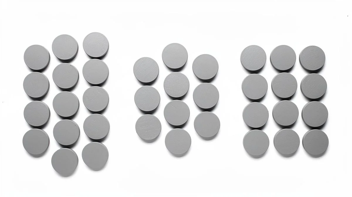Grey wooden discs divided into three equal groups on a white surface