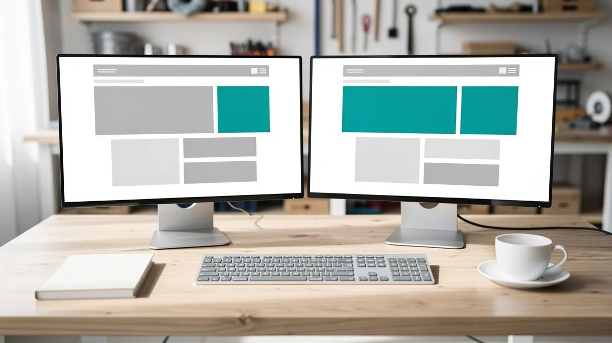 Desk in a small workshop office with two monitors showing a website wireframe, a notepad and a coffee cup beside a keyboard.