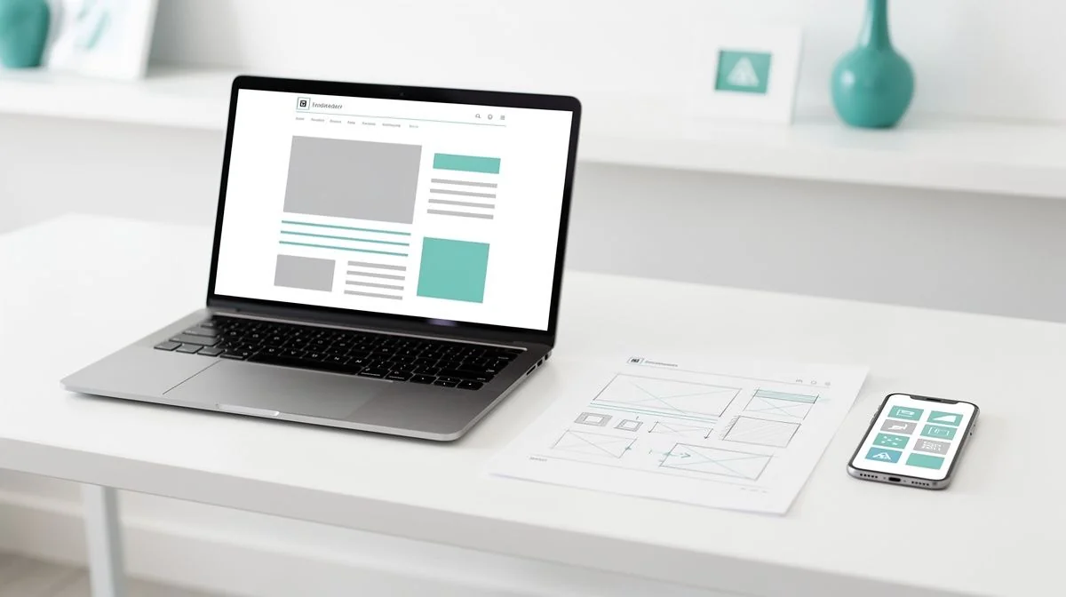Home office desk with an open laptop showing a website homepage beside a printed page of layout sketches and a phone.