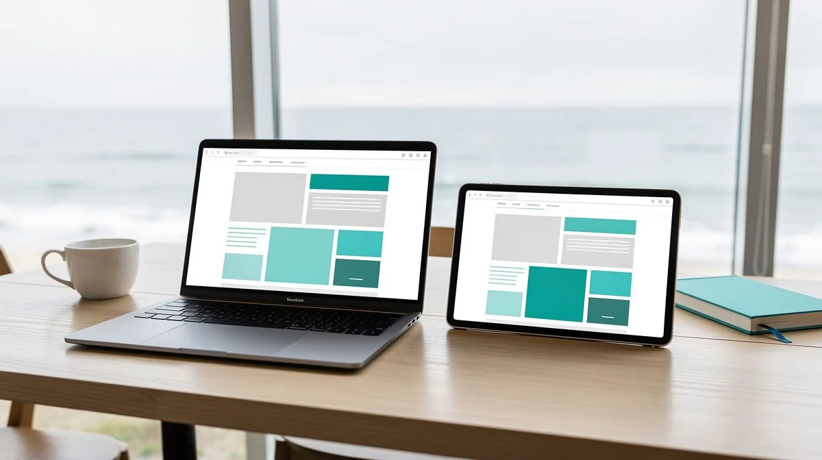 Laptop and tablet side by side on a coastal cafe table, both showing the same simple website layout with large readable text.
