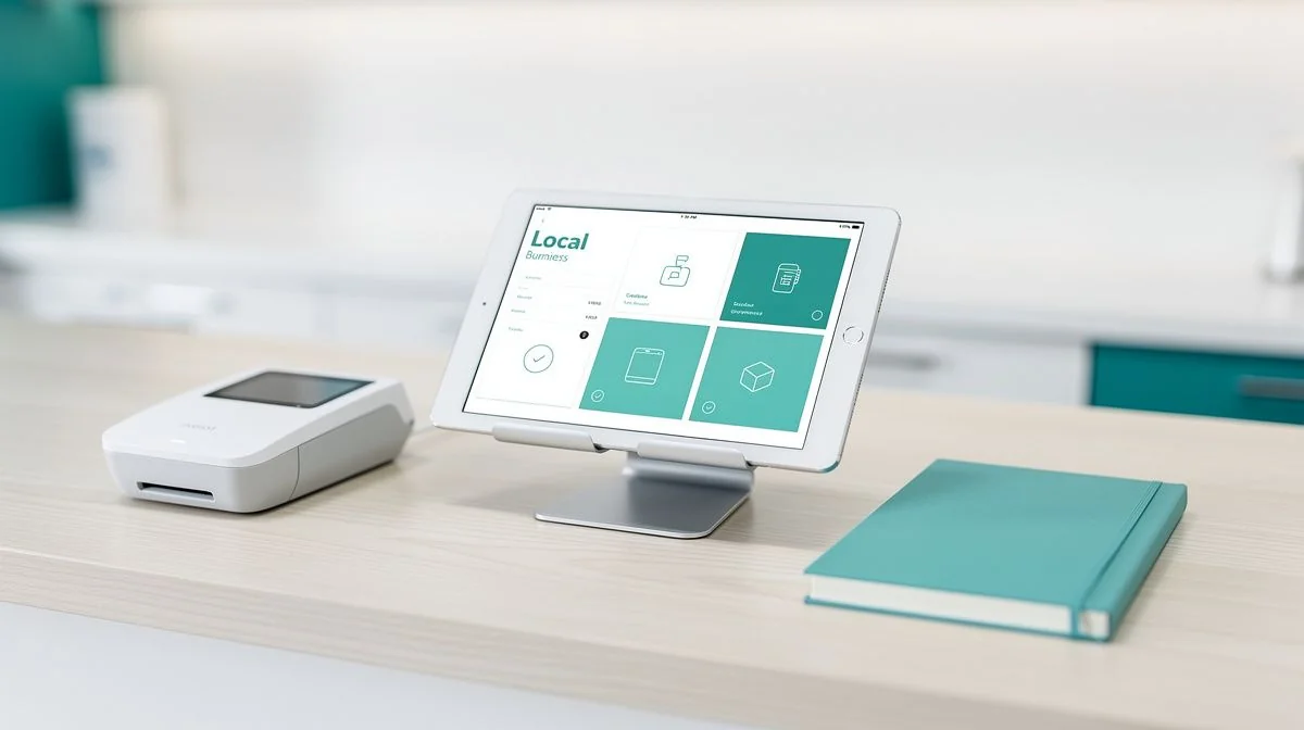 Small shop counter with a tablet on a stand displaying a simple local business website beside a card reader and a notebook.