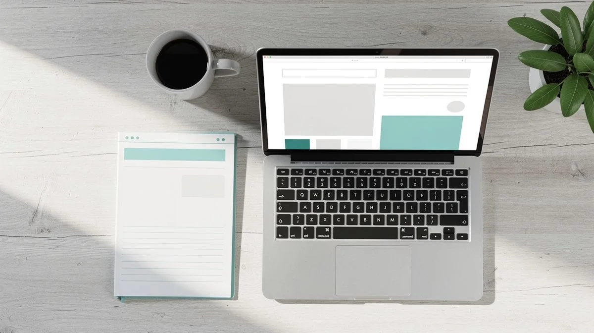 Home office desk with laptop showing a website layout and notebook